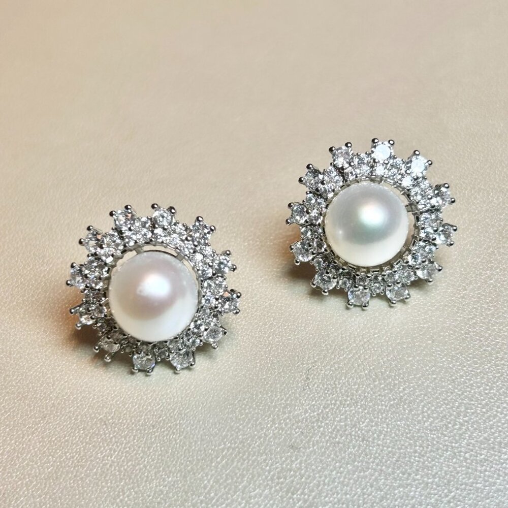 Silver Toned Sunburst Rhinestone and Faux Centered Pearl Stud Pierced Earrings